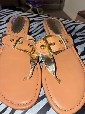 St. John's Bay Metallic Gold T-Strap Sandals with Brown Footbed